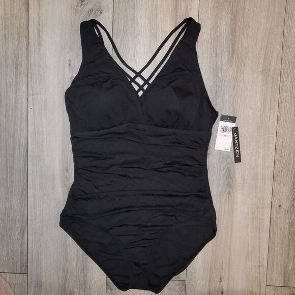 Jantzen Women’s one piece black sz 14 Tummy Control strappy crisscross swimsuit